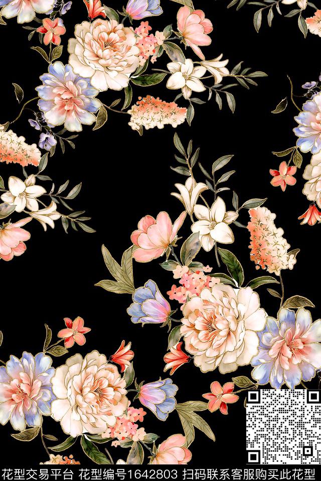 年轻女装黑底花卉满版散花数码印花花型下载（图片编号: 1642803） - 瓦栏（Walan）