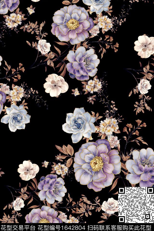年轻女装黑底花卉满版散花数码印花花型下载（图片编号: 1642804） - 瓦栏（Walan）