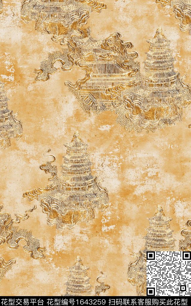 中国风真丝建筑数码印花花型下载（图片编号: 1643259） - 瓦栏（Walan）