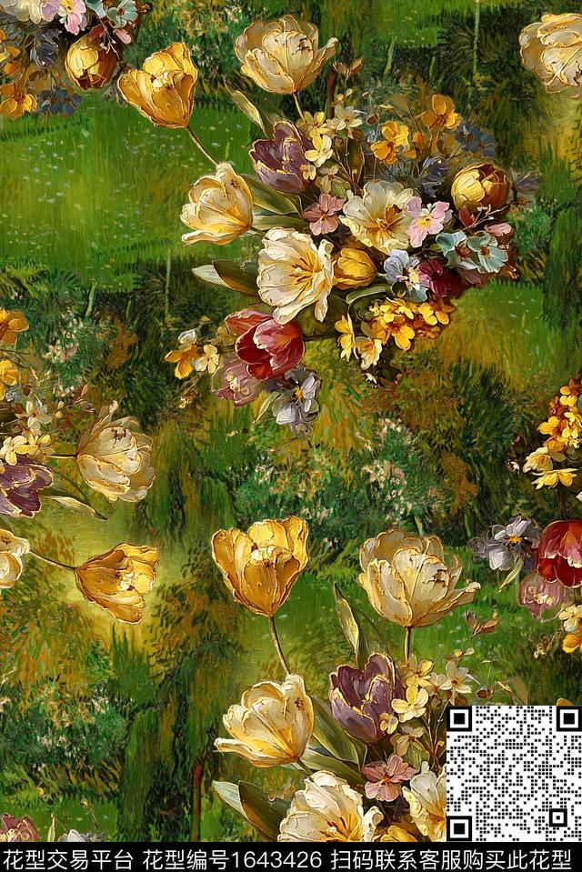 满版散花中老年油画花型数码印花花型下载（图片编号: 1643426） - 瓦栏（Walan）