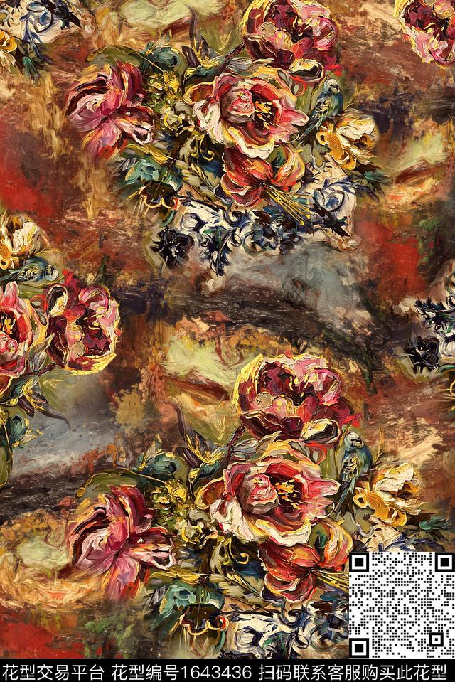 满版散花中老年油画花型数码印花花型下载（图片编号: 1643436） - 瓦栏（Walan）
