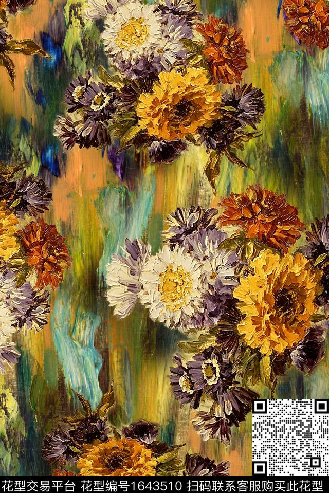 满版散花中老年油画花型数码印花花型下载（图片编号: 1643510） - 瓦栏（Walan）