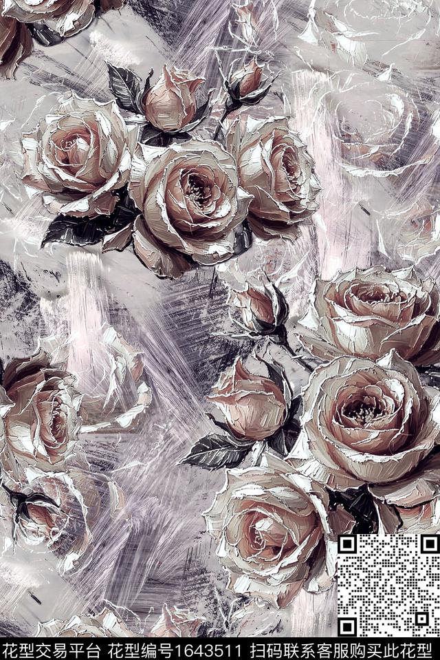 满版散花中老年油画花型数码印花花型下载（图片编号: 1643511） - 瓦栏（Walan）