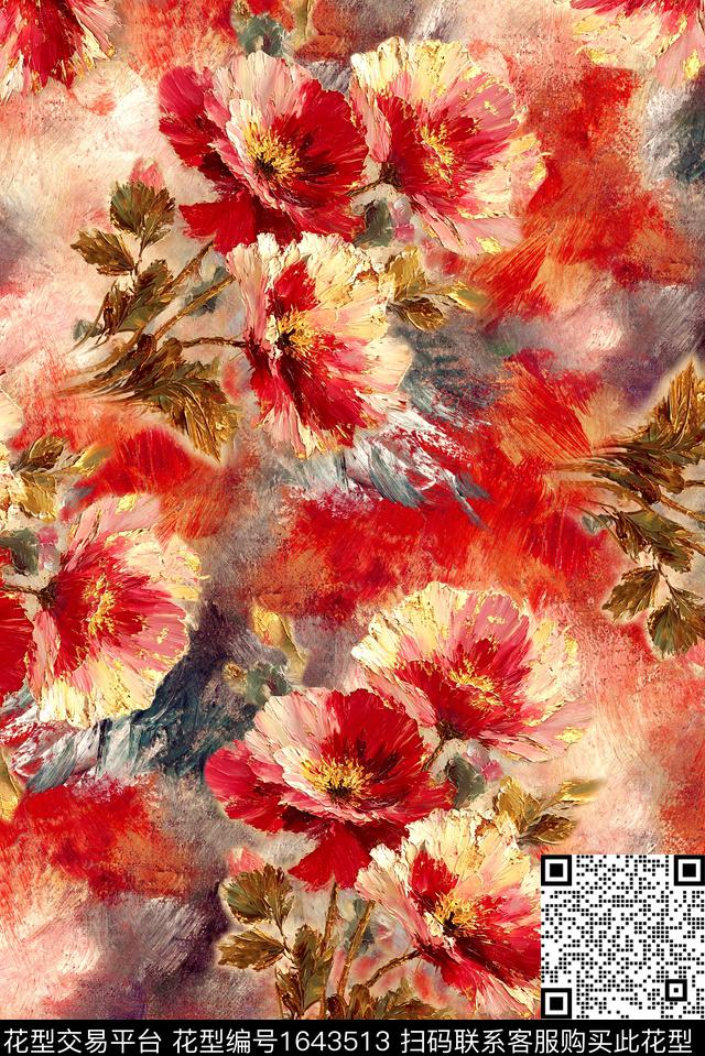 满版散花中老年油画花型数码印花花型下载（图片编号: 1643513） - 瓦栏（Walan）