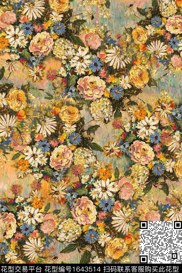 满版散花中老年油画花型数码印花花型下载（图片编号: 1643514） - 瓦栏（Walan）