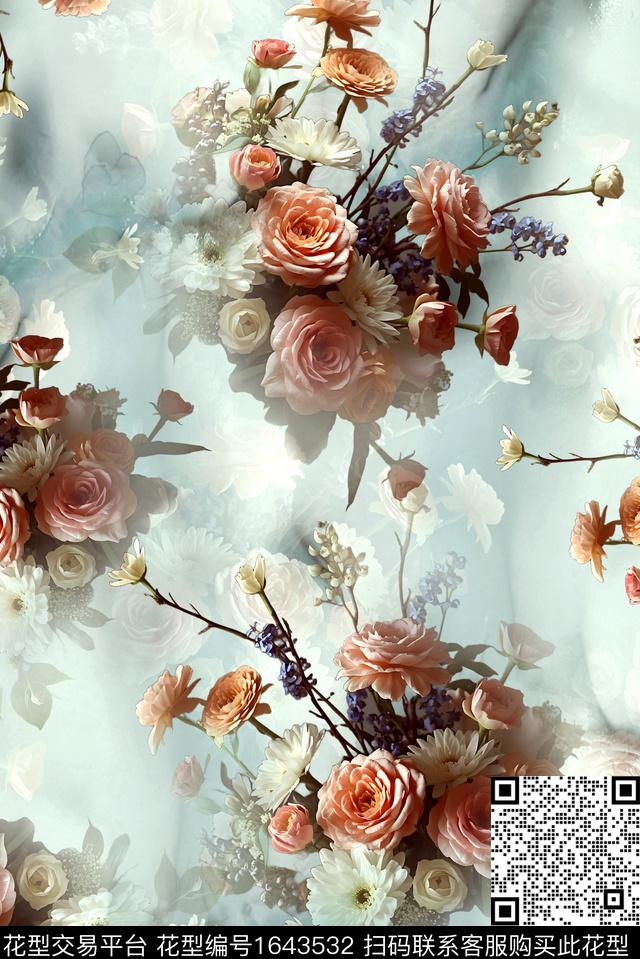年轻女装满版散花花卉数码印花花型下载（图片编号: 1643532） - 瓦栏（Walan）