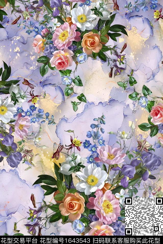 年轻女装满版散花油画花型数码印花花型下载（图片编号: 1643543） - 瓦栏（Walan）