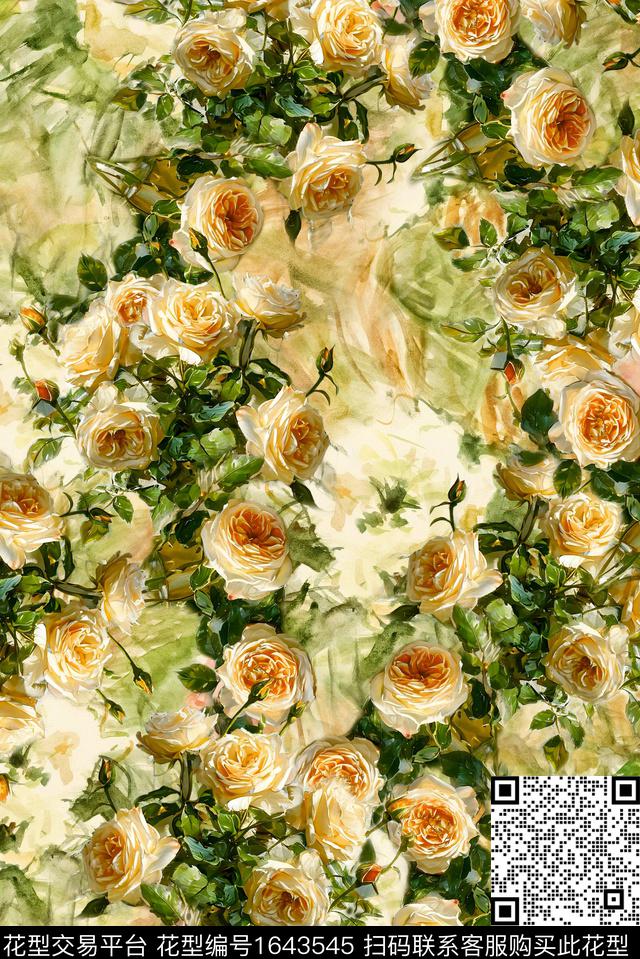 年轻女装满版散花油画花型数码印花花型下载（图片编号: 1643545） - 瓦栏（Walan）