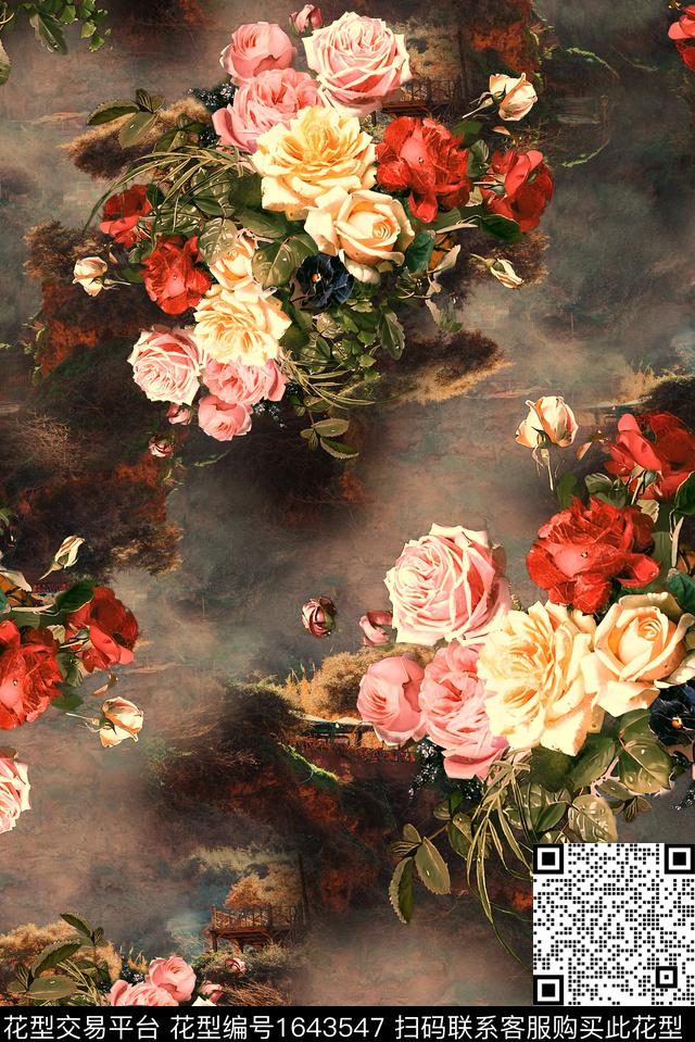 满版散花中老年油画花型数码印花花型下载（图片编号: 1643547） - 瓦栏（Walan）