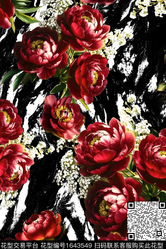 年轻女装黑底花卉满版散花数码印花花型下载（图片编号: 1643549） - 瓦栏（Walan）