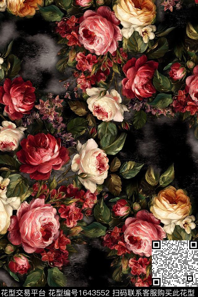 年轻女装黑底花卉满版散花数码印花花型下载（图片编号: 1643552） - 瓦栏（Walan）