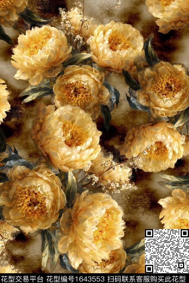 年轻女装黑底花卉满版散花数码印花花型下载（图片编号: 1643553） - 瓦栏（Walan）