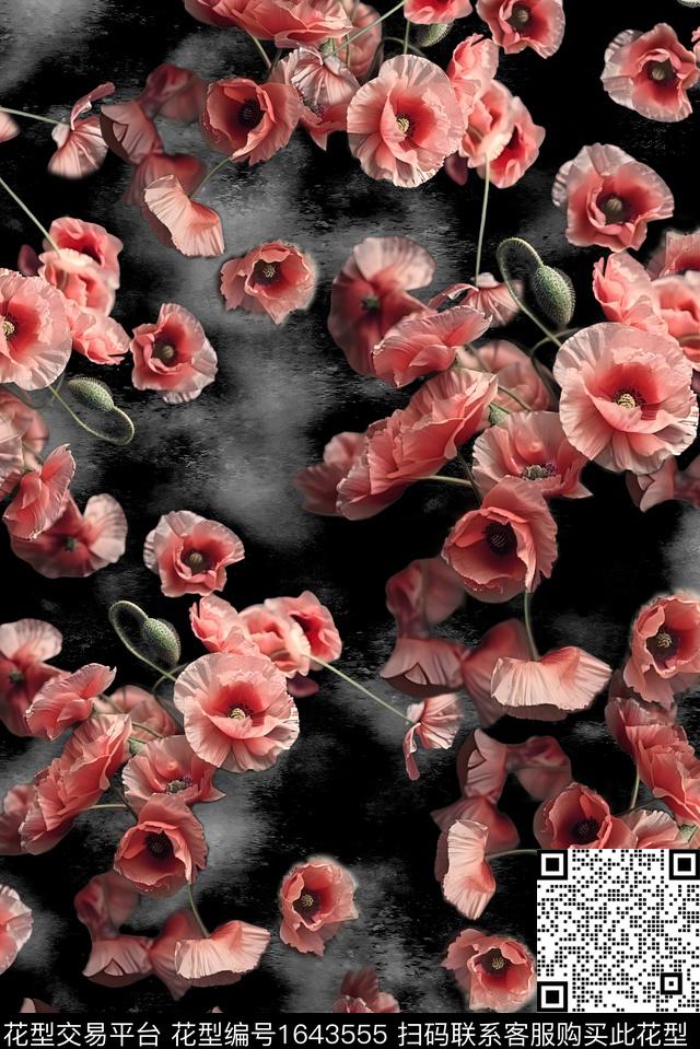 年轻女装黑底花卉满版散花数码印花花型下载（图片编号: 1643555） - 瓦栏（Walan）