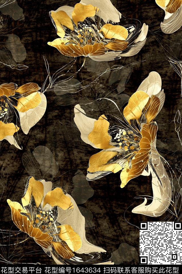 年轻女装黑底花卉满版散花数码印花花型下载（图片编号: 1643634） - 瓦栏（Walan）