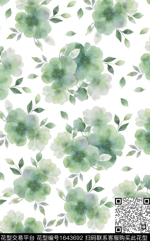 花卉绿色晕染花朵水彩花卉数码印花花型下载（图片编号: 1643692） - 瓦栏（Walan）