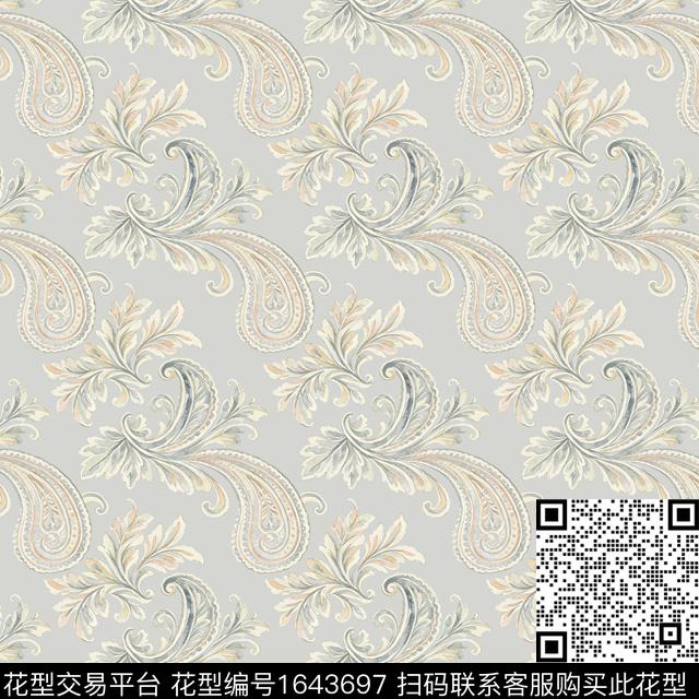 水彩佩斯利欧式卷草纹数码印花花型下载（图片编号: 1643697） - 瓦栏（Walan）