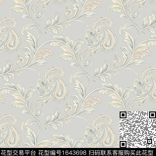 水彩佩斯利欧式卷草纹数码印花花型下载（图片编号: 1643698） - 瓦栏（Walan）