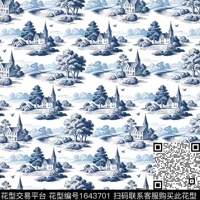 蓝白风景树林建筑数码印花花型下载（图片编号: 1643701） - 瓦栏（Walan）