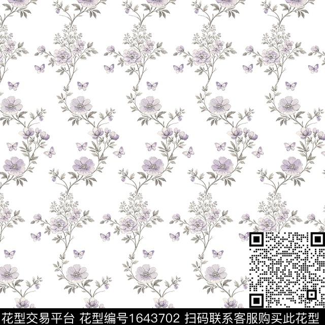 花卉枝条花蝴蝶数码印花花型下载（图片编号: 1643702） - 瓦栏（Walan）