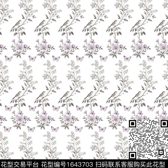 花卉枝条花蝴蝶数码印花花型下载（图片编号: 1643703） - 瓦栏（Walan）