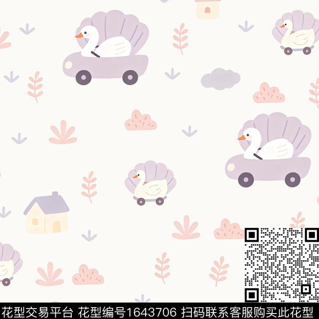 天鹅小车云朵数码印花花型下载（图片编号: 1643706） - 瓦栏（Walan）