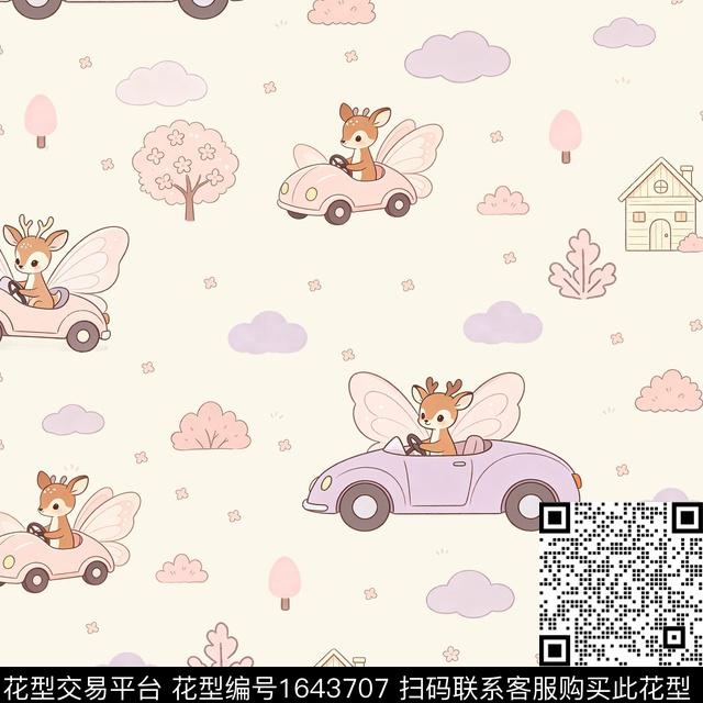 鹿小车云朵数码印花花型下载（图片编号: 1643707） - 瓦栏（Walan）