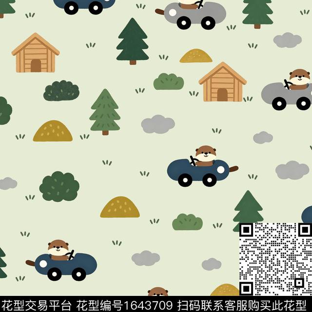 小松鼠小车房屋数码印花花型下载（图片编号: 1643709） - 瓦栏（Walan）