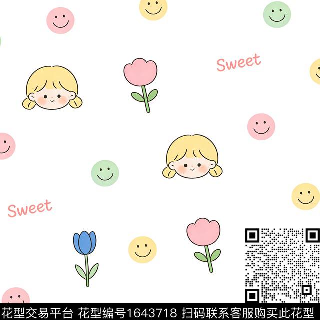 文字笑脸小女孩数码印花花型下载（图片编号: 1643718） - 瓦栏（Walan）
