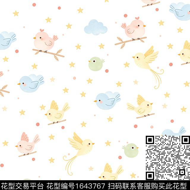星星树枝鸟数码印花花型下载（图片编号: 1643767） - 瓦栏（Walan）