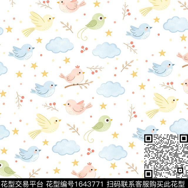 星星树枝鸟数码印花花型下载（图片编号: 1643771） - 瓦栏（Walan）