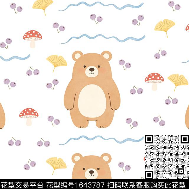 蘑菇熊银杏叶数码印花花型下载（图片编号: 1643787） - 瓦栏（Walan）