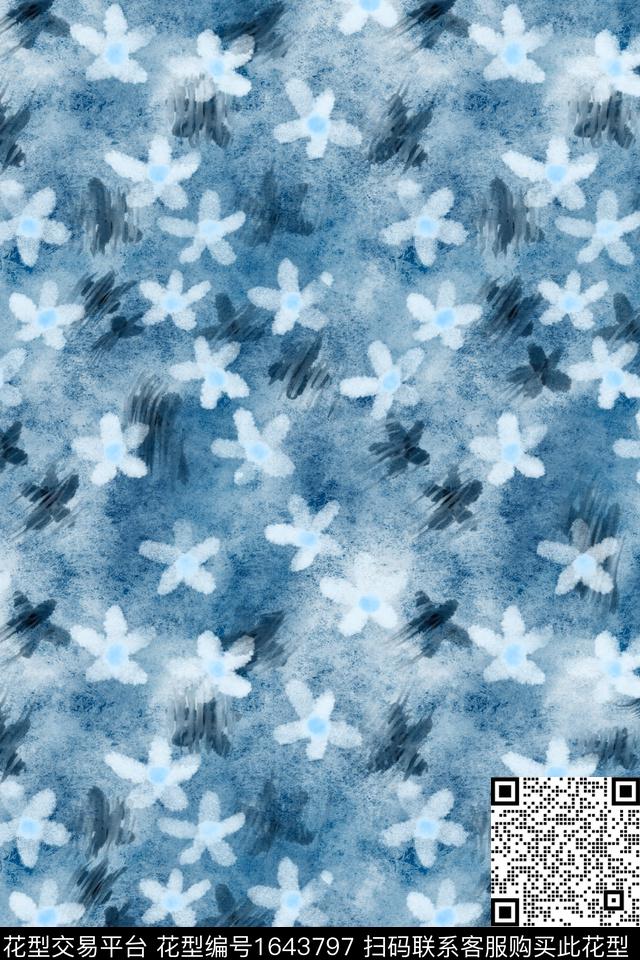 蓝白侘寂花卉数码印花花型下载（图片编号: 1643797） - 瓦栏（Walan）