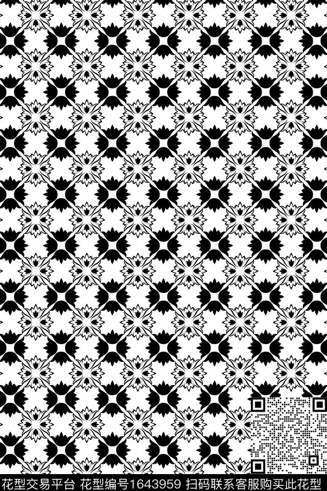 中国风抽象花卉黑白花型数码印花花型下载（图片编号: 1643959） - 瓦栏（Walan）