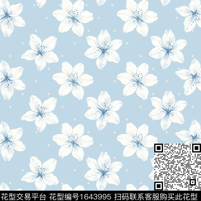 蓝白花花卉水彩花卉数码印花花型下载（图片编号: 1643995） - 瓦栏（Walan）