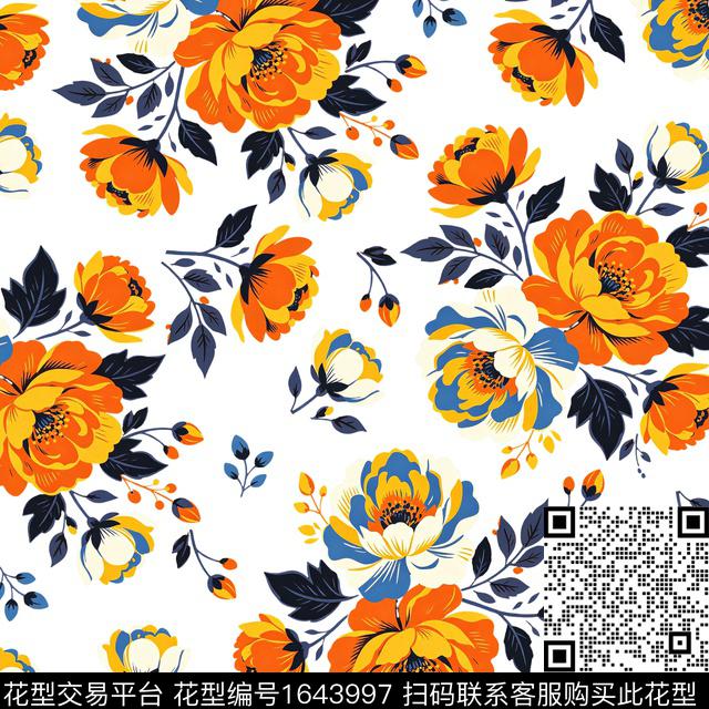 花卉平面花卉白底花传统印花花型下载（图片编号: 1643997） - 瓦栏（Walan）