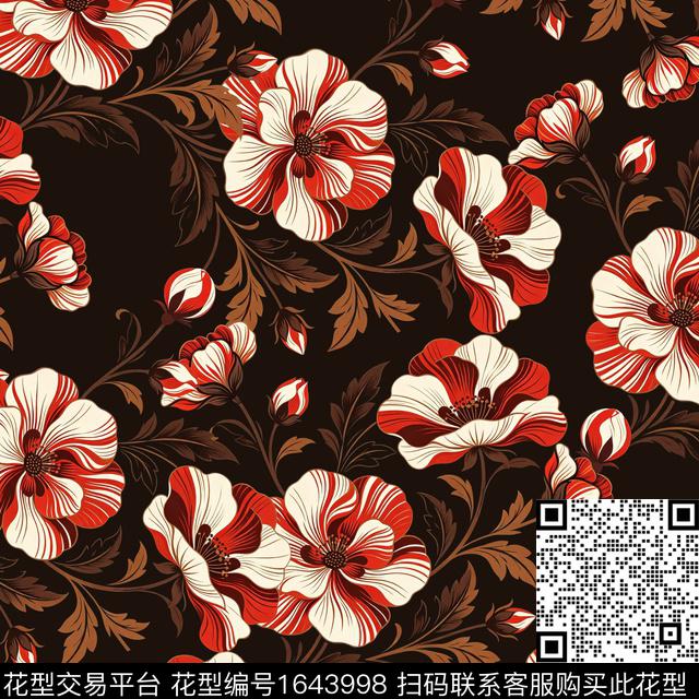 花卉黑底花卉复古数码印花花型下载（图片编号: 1643998） - 瓦栏（Walan）