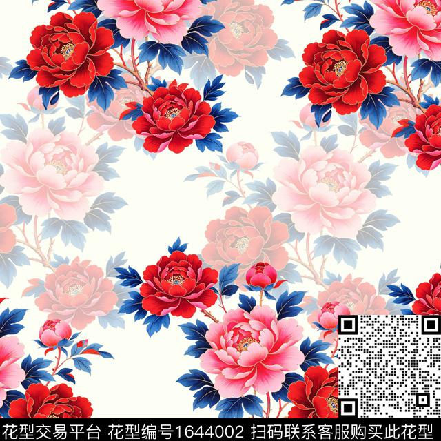 牡丹花卉水彩花卉数码印花花型下载（图片编号: 1644002） - 瓦栏（Walan）