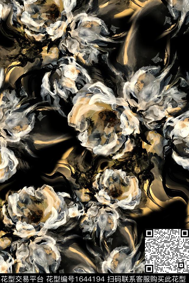 年轻女装黑底花卉抽象花卉数码印花花型下载（图片编号: 1644194） - 瓦栏（Walan）