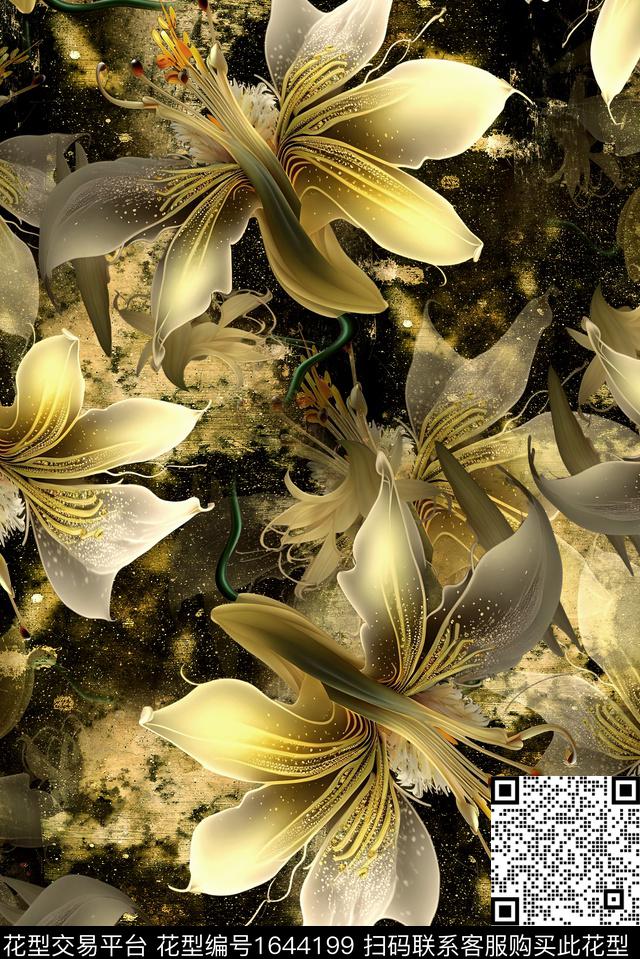 年轻女装男装满版花黑底花卉数码印花花型下载（图片编号: 1644199） - 瓦栏（Walan）