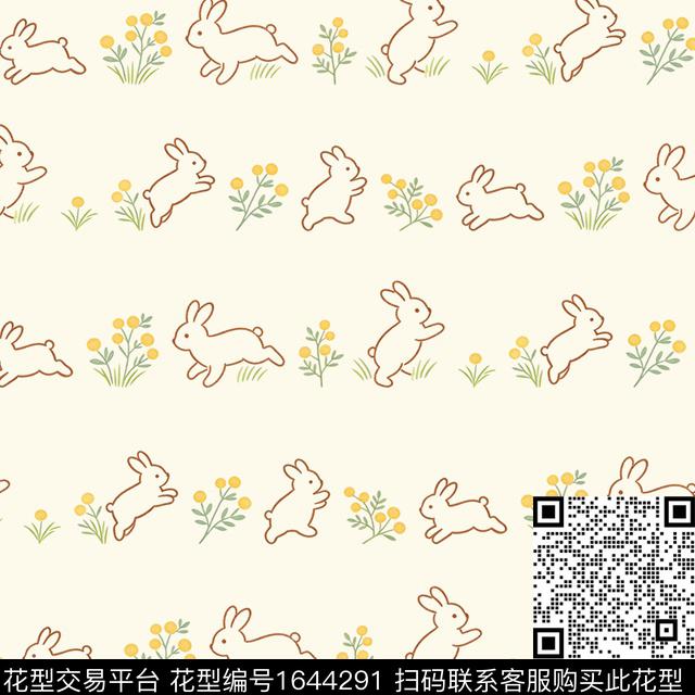 兔子线条花卉数码印花花型下载（图片编号: 1644291） - 瓦栏（Walan）