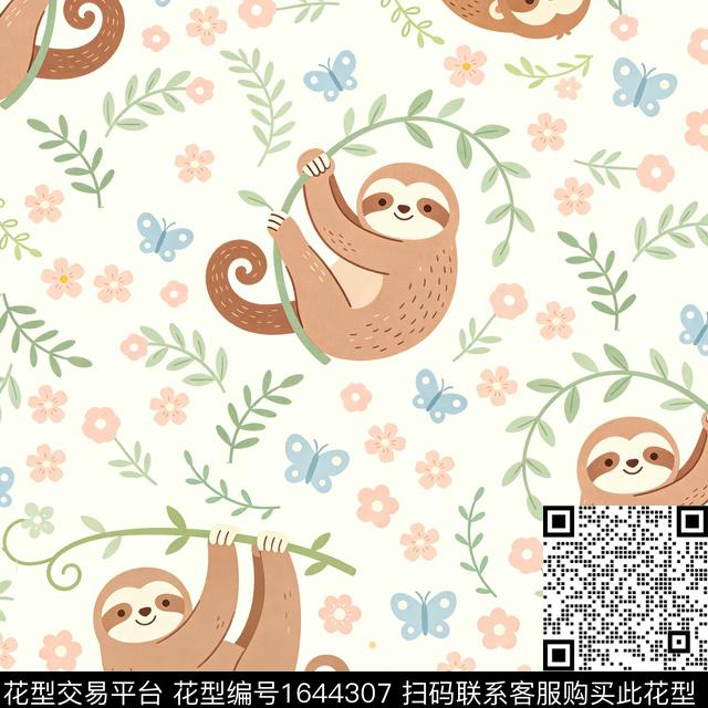 蝴蝶树懒枝叶数码印花花型下载（图片编号: 1644307） - 瓦栏（Walan）