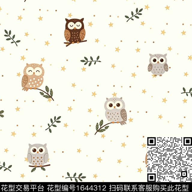 星星猫头鹰绿植树叶数码印花花型下载（图片编号: 1644312） - 瓦栏（Walan）