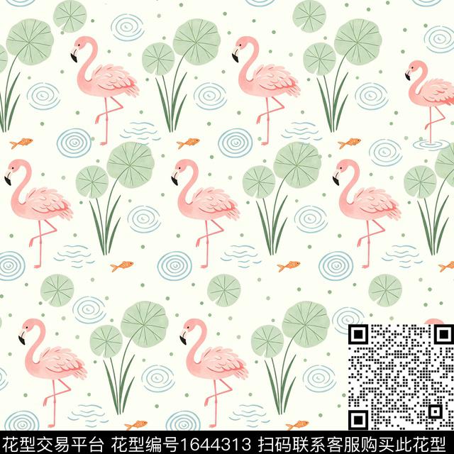 火烈鸟荷花波浪纹数码印花花型下载（图片编号: 1644313） - 瓦栏（Walan）
