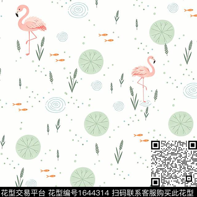 火烈鸟荷花波浪纹数码印花花型下载（图片编号: 1644314） - 瓦栏（Walan）