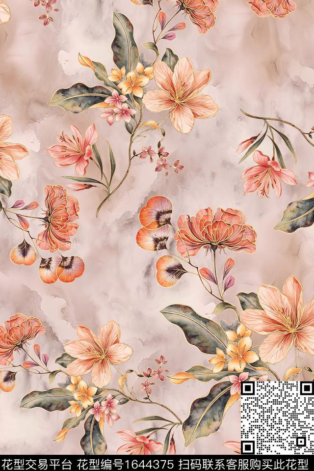 年轻女装满版散花花卉数码印花花型下载（图片编号: 1644375） - 瓦栏（Walan）