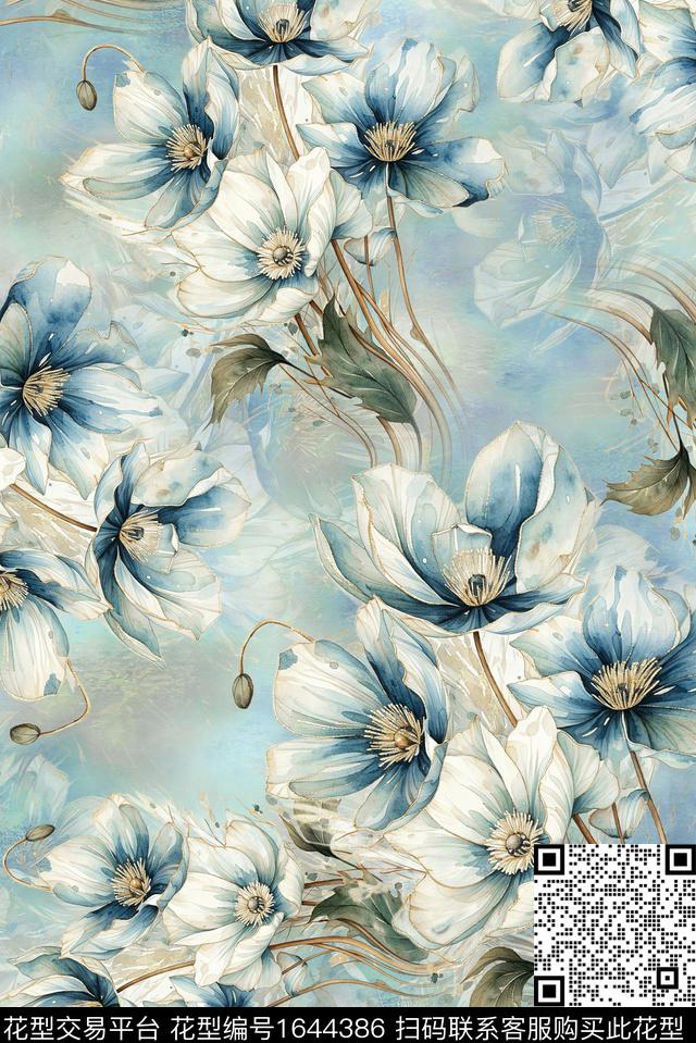年轻女装满版散花花卉数码印花花型下载（图片编号: 1644386） - 瓦栏（Walan）