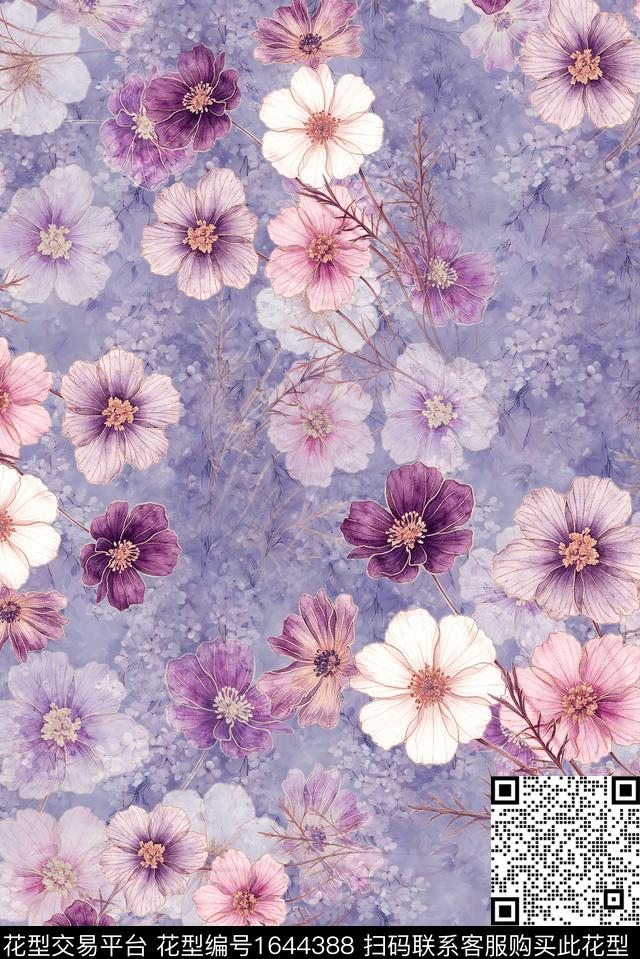 年轻女装满版散花花卉数码印花花型下载（图片编号: 1644388） - 瓦栏（Walan）