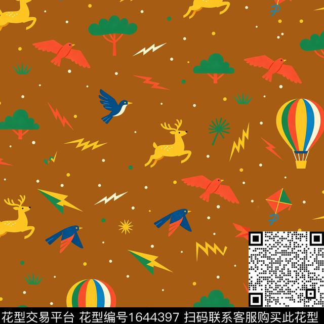鹿鸟热气球传统印花花型下载（图片编号: 1644397） - 瓦栏（Walan）