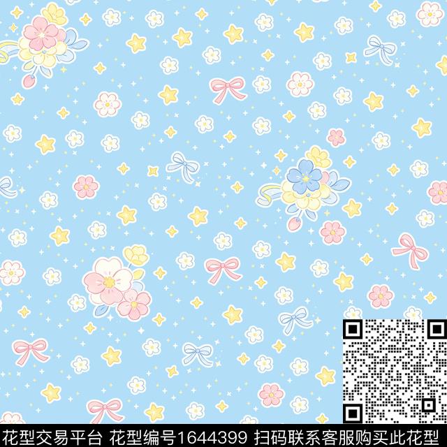 蝴蝶结小碎花浅蓝底数码印花花型下载（图片编号: 1644399） - 瓦栏（Walan）
