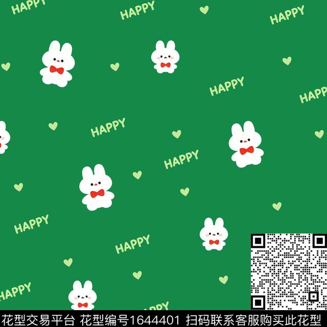 白兔爱心绿底传统印花花型下载（图片编号: 1644401） - 瓦栏（Walan）